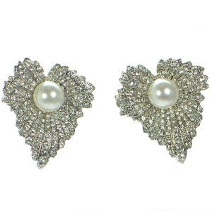 Oscar de la Renta Large Pave Crystal & Pearl Earrings
